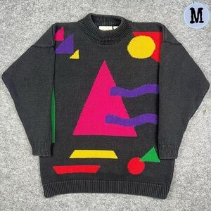 Black Geometric Pattern Crewneck Sweater with Pink Triangle